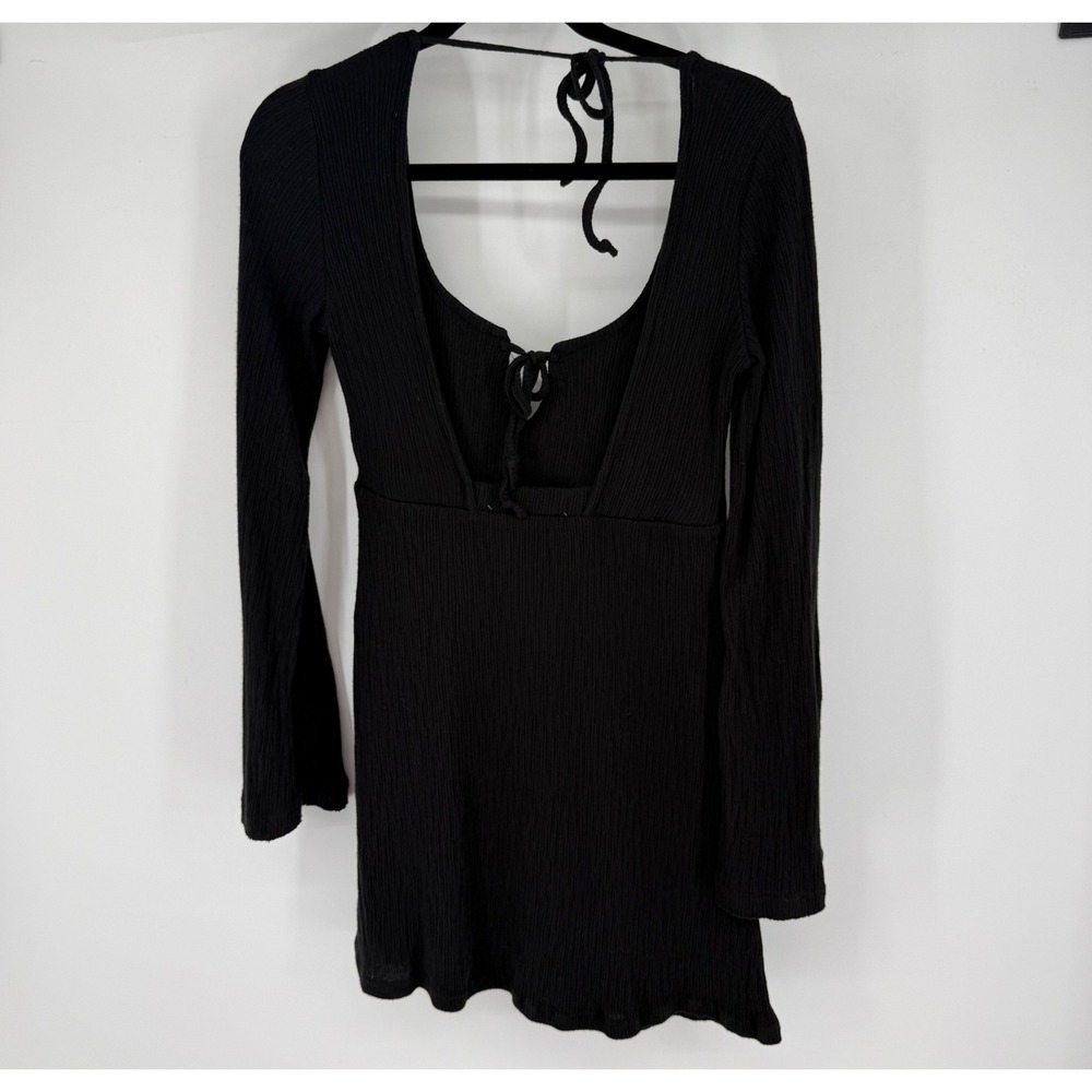 Free People Beach Brynne Mini Dress Womens Small Black Ribbed Open Tie Back - Picture 3 of 10
